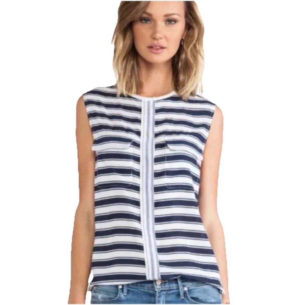 Equipment Femme Navy And White Stripes "Lynn" Sleeveless Silk Top Sz Xs